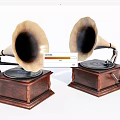 Vintage Gramophones With Wooden Base And Horn Speakers For Audio Playback