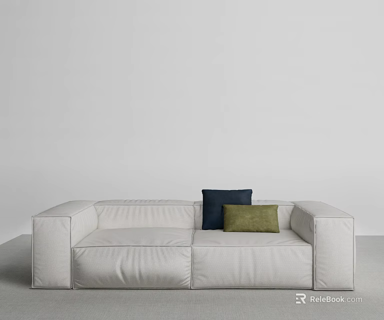 White Two Seater Sofa With Navy Blue And Green Cushions In Minimalist Design 3d model 