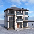 Three Story Detached Villa With Gray Roof Beige Exterior And Glass Windows Balconies Porch