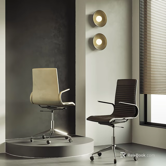 Beige and Dark Brown Office Chairs in Modern Interior with Wall Lamps and Window Blinds 3d model 