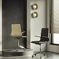 Beige and Dark Brown Office Chairs in Modern Interior with Wall Lamps and Window Blinds