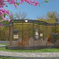 Park Landscape With Pink Flowering Trees Green Grass Stone Pathway And Wooden Pavilions