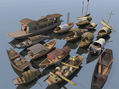 Traditional Wooden Boats Showcasing Various Designs and Sizes Floating on Water 3d model