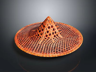 Traditional Handwoven Orange Conical Hat With Grid Pattern For Daily Use 3d model