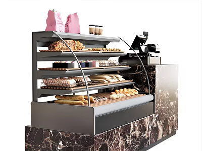 Bakery Display Shelf Featuring Multiple Layers of Bread Pastries Pink Bags and Marble Countertop 3d model