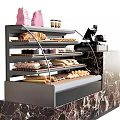Bakery Display Shelf Featuring Multiple Layers of Bread Pastries Pink Bags and Marble Countertop