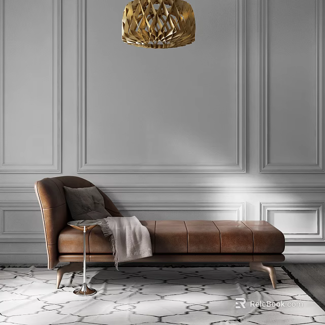 Brown Leather Chaise Lounge With Side Table Throw Pillow Blanket And Paneled Wall 3d model 
