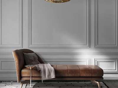 Brown Leather Chaise Lounge With Side Table Throw Pillow Blanket And Paneled Wall 3d model