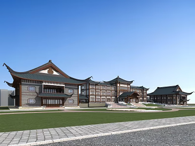 Traditional Ancient Chinese Architecture Complex With Sloping Eaves Multiple Roofs And Courtyard Lawn 3d model