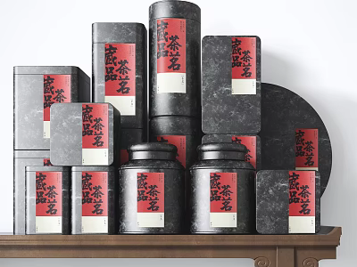 Black Ceramic Vessels with Red Chinese Character Labels for Tea Storage on Wooden Shelf 3d model
