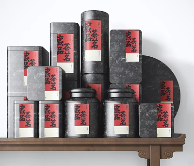 Black Ceramic Vessels with Red Chinese Character Labels for Tea Storage on Wooden Shelf 3d model