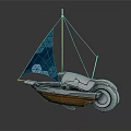 Wooden Boat with Futuristic Sail Glowing Blue Wheel Device and Modern Hull Design