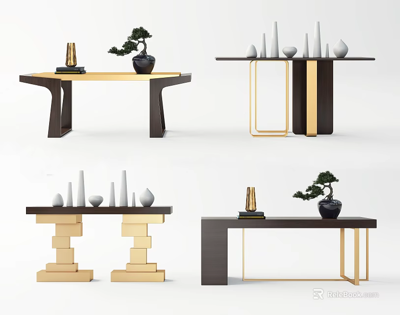 Modern Elegant Console Table Designs With Bonsai Plant Vases And Gold Frames 3d model