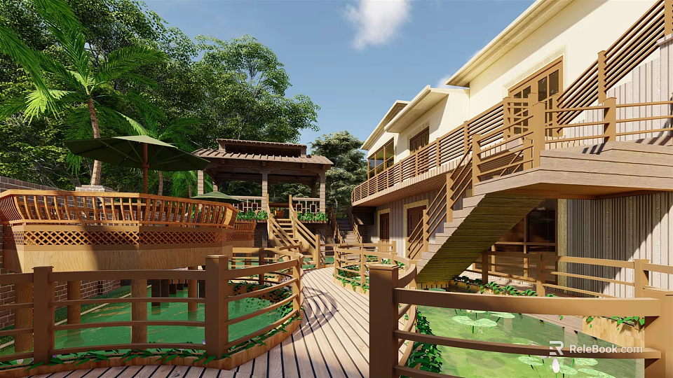 Lush Courtyard Garden with Wooden Deck Railings Stairs Gazebo and Serene Pond 3d model 