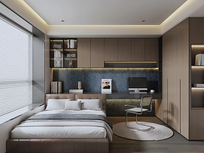 Tatami Bedroom Interior With Wooden Desk Bookshelves Window Blinds And Rug 3d model
