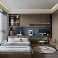 Tatami Bedroom Interior With Wooden Desk Bookshelves Window Blinds And Rug