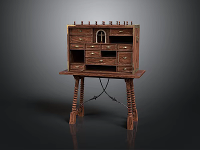 Vintage Wooden Shoe Cabinet with Multiple Drawers Small Compartments and Carved Legs Window Design 3d model