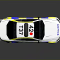 White Police Car With Blue And Yellow Stripes And Roof Lights Design