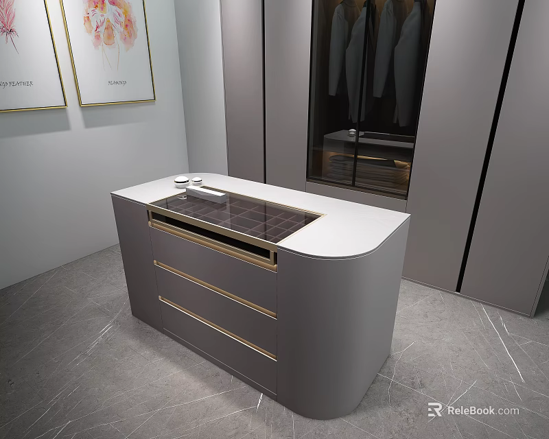 Modern Decorative Cabinet With Gray Body White Countertop And Gold Trim Drawers 3d model 