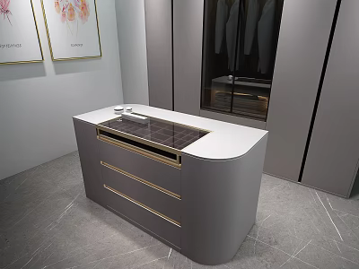 Modern Decorative Cabinet With Gray Body White Countertop And Gold Trim Drawers 3d model
