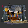 Vibrant Cartoon Scene With Stone Wall Lantern Piano Horn Colorful Letters And Gold Coins