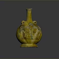 Yellow Ceramic Vase With Intricate Carved Patterns And Decorative Handles