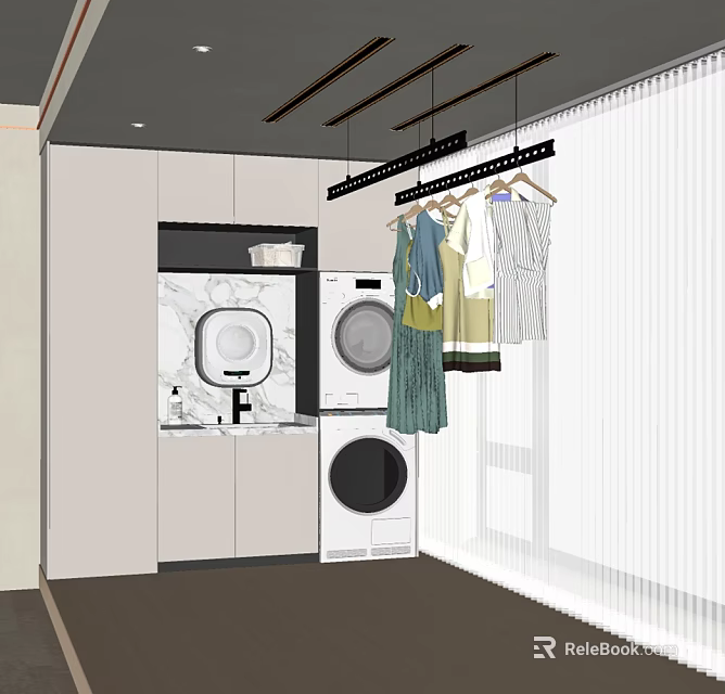 Clothes Hanger with Hanging Garments in Laundry Room with Washing Machine Dryer and Cabinets 3d model 