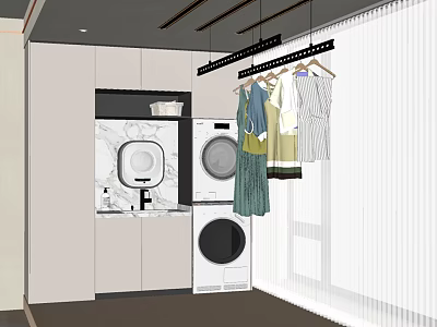 Clothes Hanger with Hanging Garments in Laundry Room with Washing Machine Dryer and Cabinets 3d model