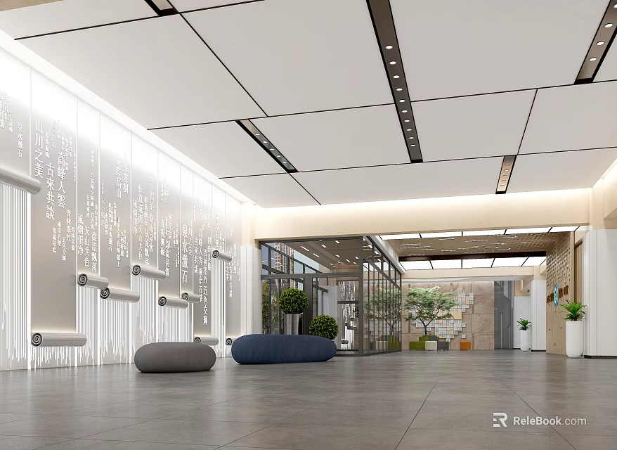 Modern School Hall Interior With Minimalist Design Lighting And Greenery 3d model