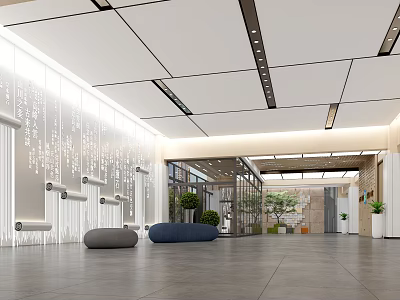 Modern School Hall Interior With Minimalist Design Lighting And Greenery 3d model