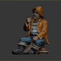 Fisherman Statue Wearing Orange Jacket Striped Shirt Holding Pipe With Fish In Net Bag