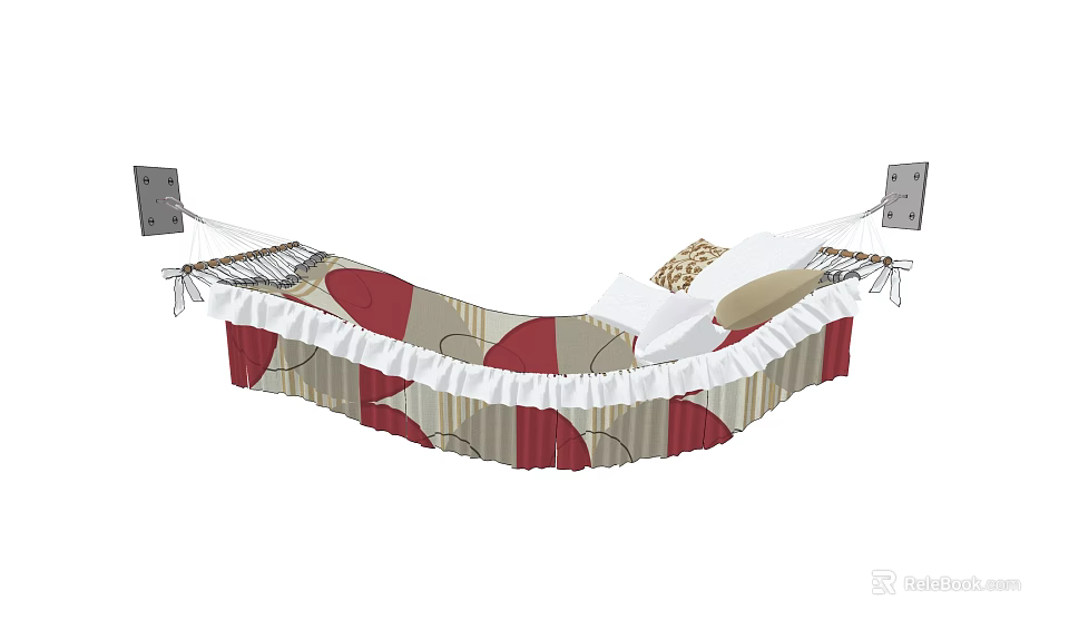 Indoor Wall Mounted Hammock With Red And Beige Pattern And Ruffled Edge 3d model 