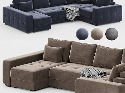 Corner Sofa Set In Navy Brown Velvet With Cushions Throw Blanket And Color Options 3d model