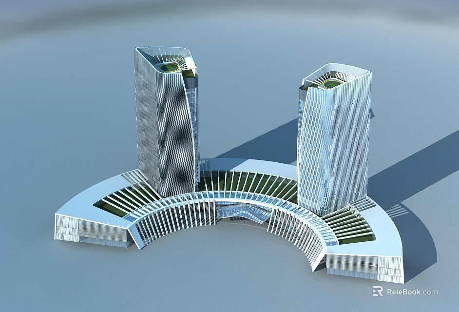 Modern Twin Office Towers With Green Roofs And Curved Connecting Structure 3d model 