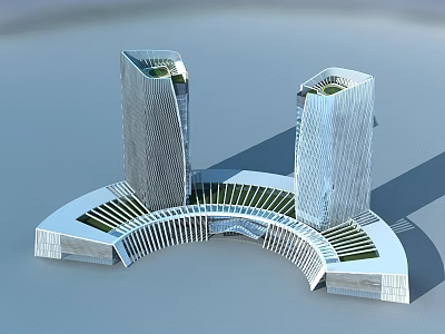 Modern Twin Office Towers With Green Roofs And Curved Connecting Structure 3d model