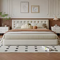 Modern Bedroom Interior With Large Bed Chandelier Nightstands Green Plant And Geometric Rug