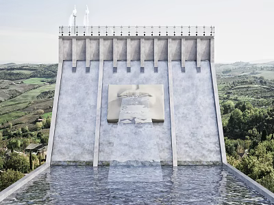 Scenic Dam Landscape With Flowing Water And Green Rolling Hills Against Clear Sky In Countryside 3d model