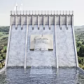 Scenic Dam Landscape With Flowing Water And Green Rolling Hills Against Clear Sky In Countryside