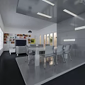 Modern Living And Dining Room Interior With Large Windows Bookshelves TV And Dining Table