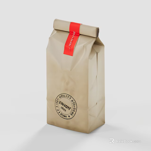 Premium Coffee Packaging in Brown Paper Bag with Red Label and Circular Stamp 3d model 