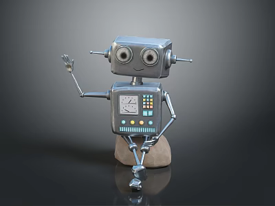 Silver Metal Robot Featuring Large Eyes Antennas Raised Hand Sitting On Rock Dark Background 3d model