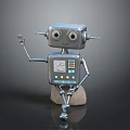 Silver Metal Robot Featuring Large Eyes Antennas Raised Hand Sitting On Rock Dark Background