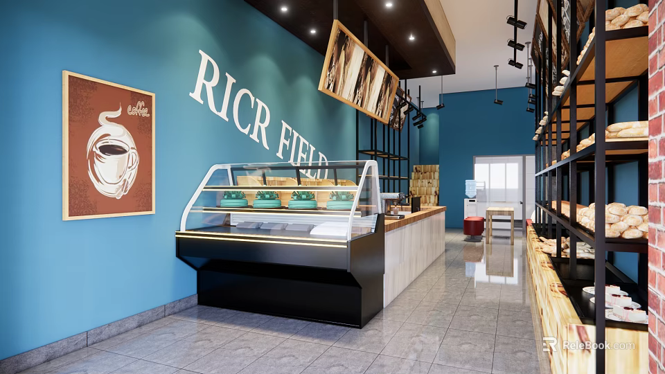 Dessert Shop Interior With Blue Walls Display Case Desserts And Coffee Elements 3d model