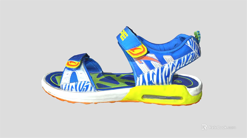 Blue Sandals With White Pattern And Velcro Straps Yellow Green Sole For Comfortable Wear 3d model 