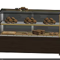 Dessert Shop Glass Display Case With Fresh Baked Bread And Pastries On Wooden Base