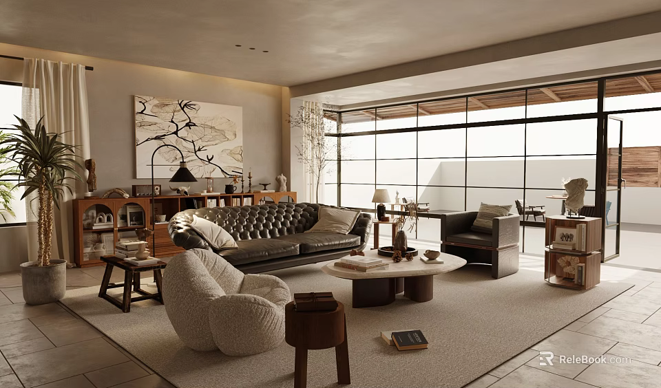 Modern Living Room Interior Design Featuring Leather Sofa Round Coffee Table Armchair And Wall Art 3d model 