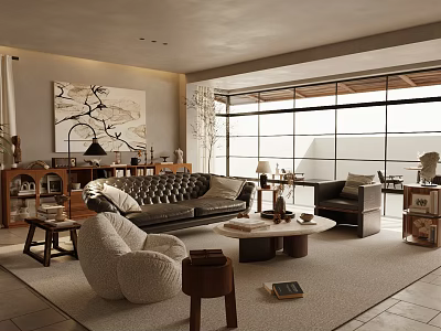 Modern Living Room Interior Design Featuring Leather Sofa Round Coffee Table Armchair And Wall Art 3d model