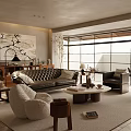Modern Living Room Interior Design Featuring Leather Sofa Round Coffee Table Armchair And Wall Art