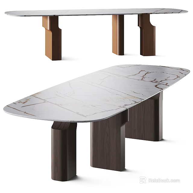 Modern Elegant Dining Table With Marble Tabletop And Wooden Legs Design 3d model 