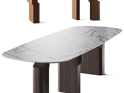 Modern Elegant Dining Table With Marble Tabletop And Wooden Legs Design 3d model